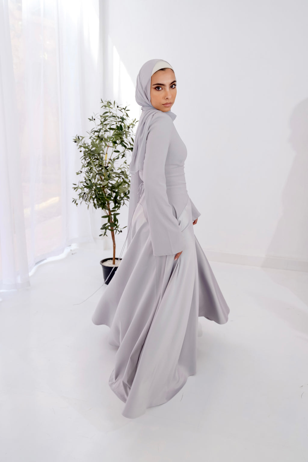 Satin half and half A-Line Dress in Silver