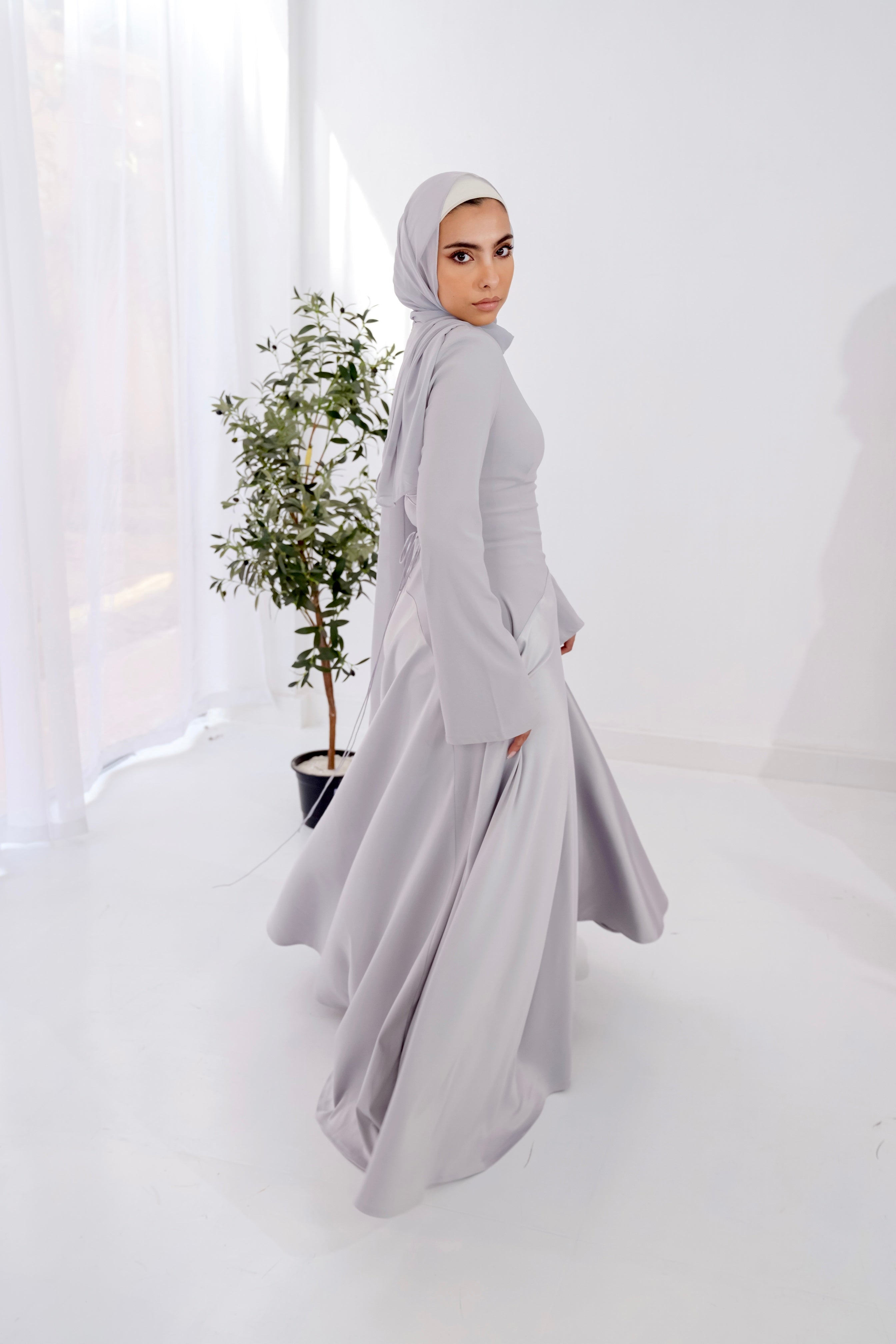 Satin half and half A-Line Dress in Silver