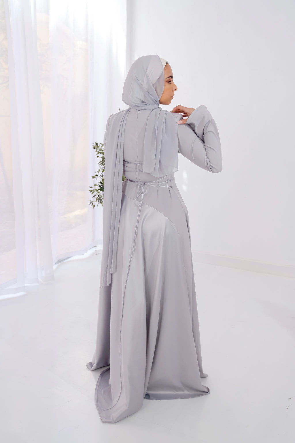 Satin half and half A-Line Dress in Silver