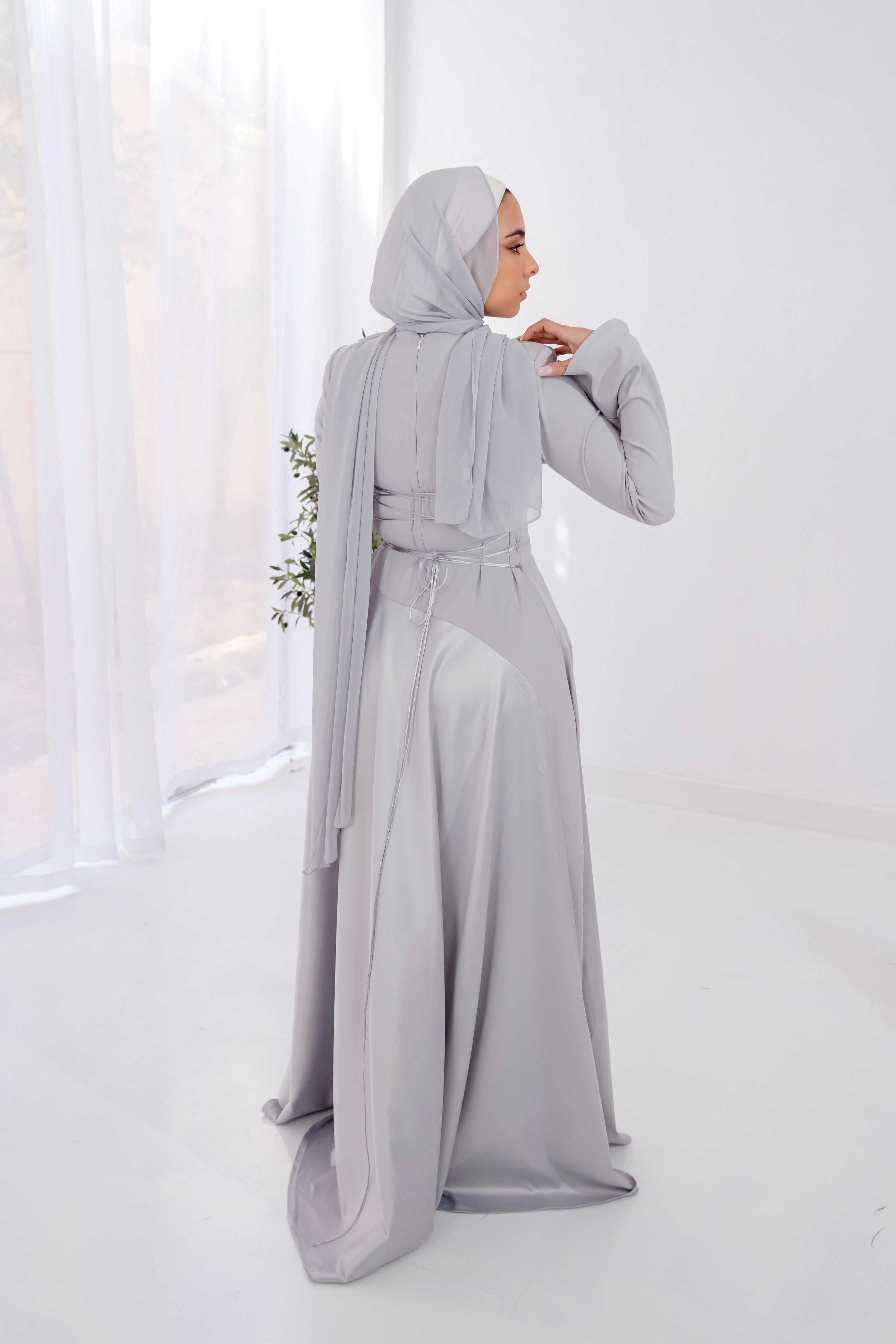 Satin half and half A-Line Dress in Silver