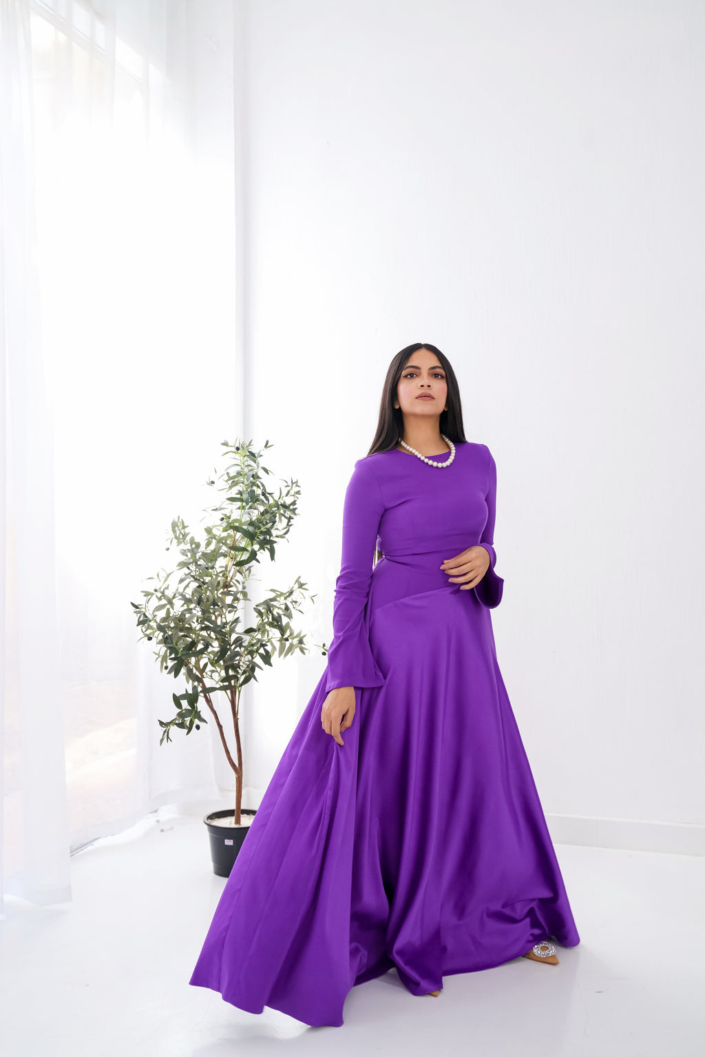 Satin half and half A-Line Dress in Purple