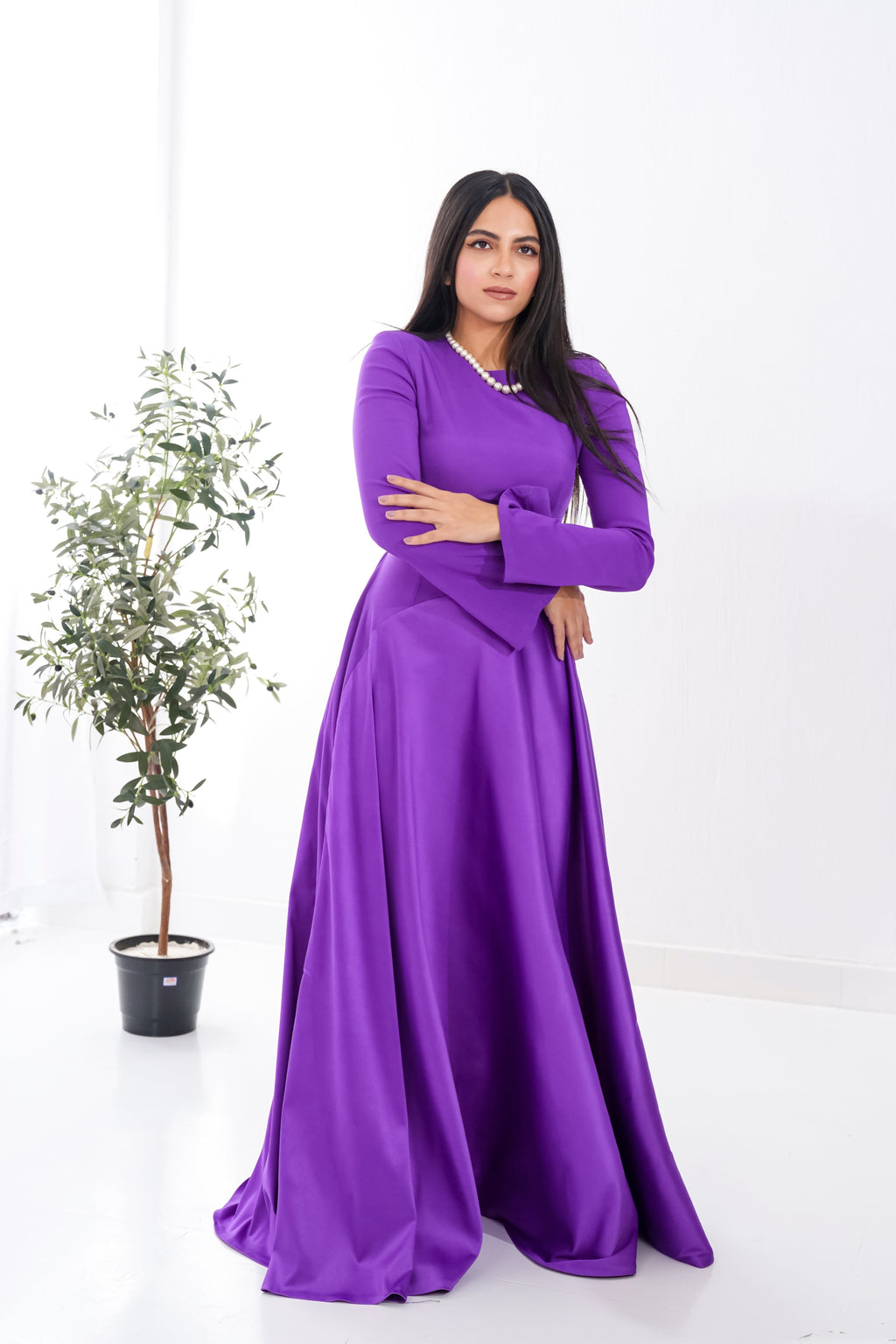 Satin half and half A-Line Dress in Purple