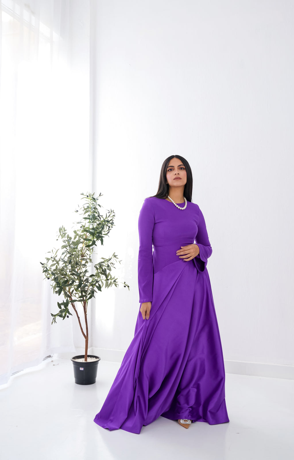 Satin half and half A-Line Dress in Purple