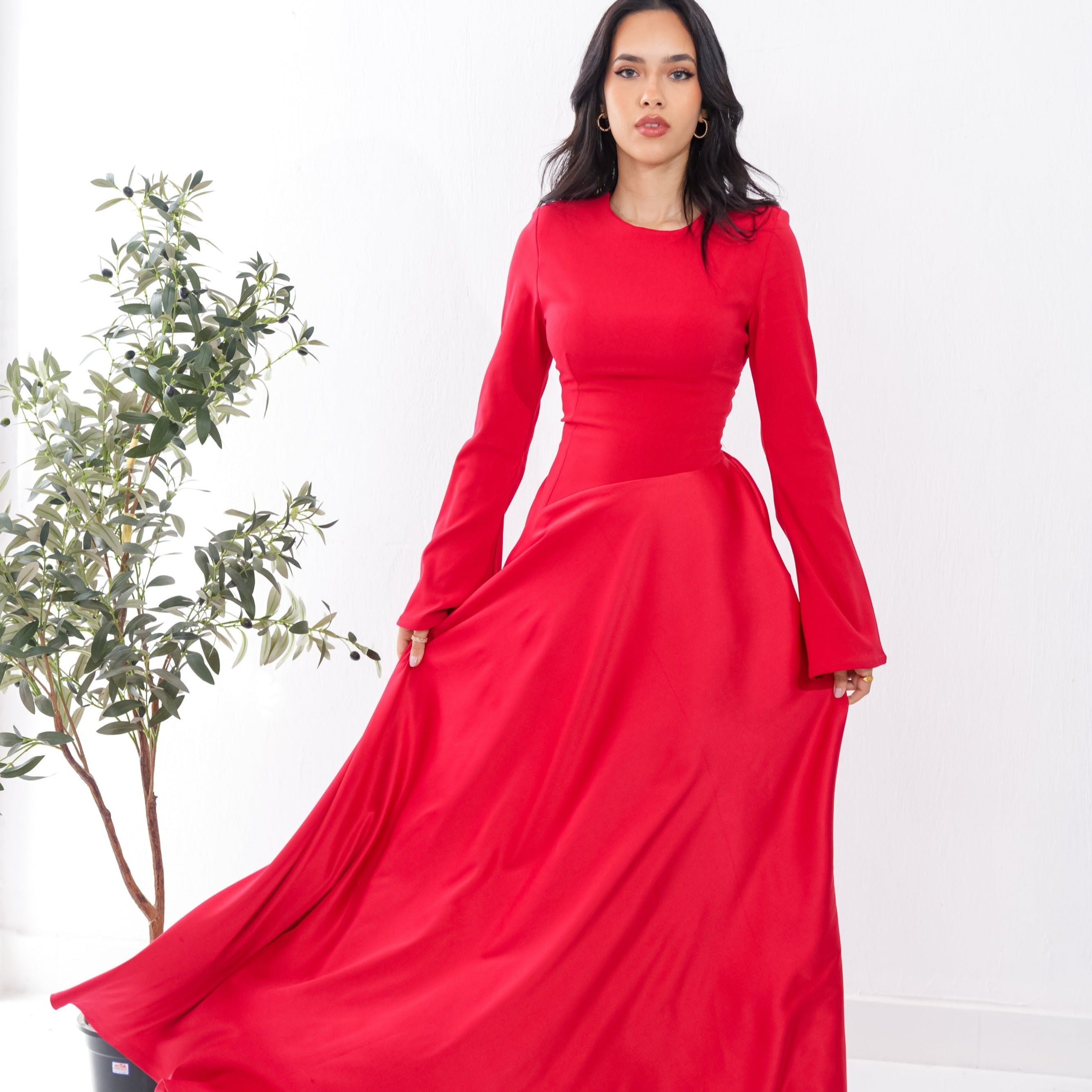 Satin half and half A-Line Dress in Red