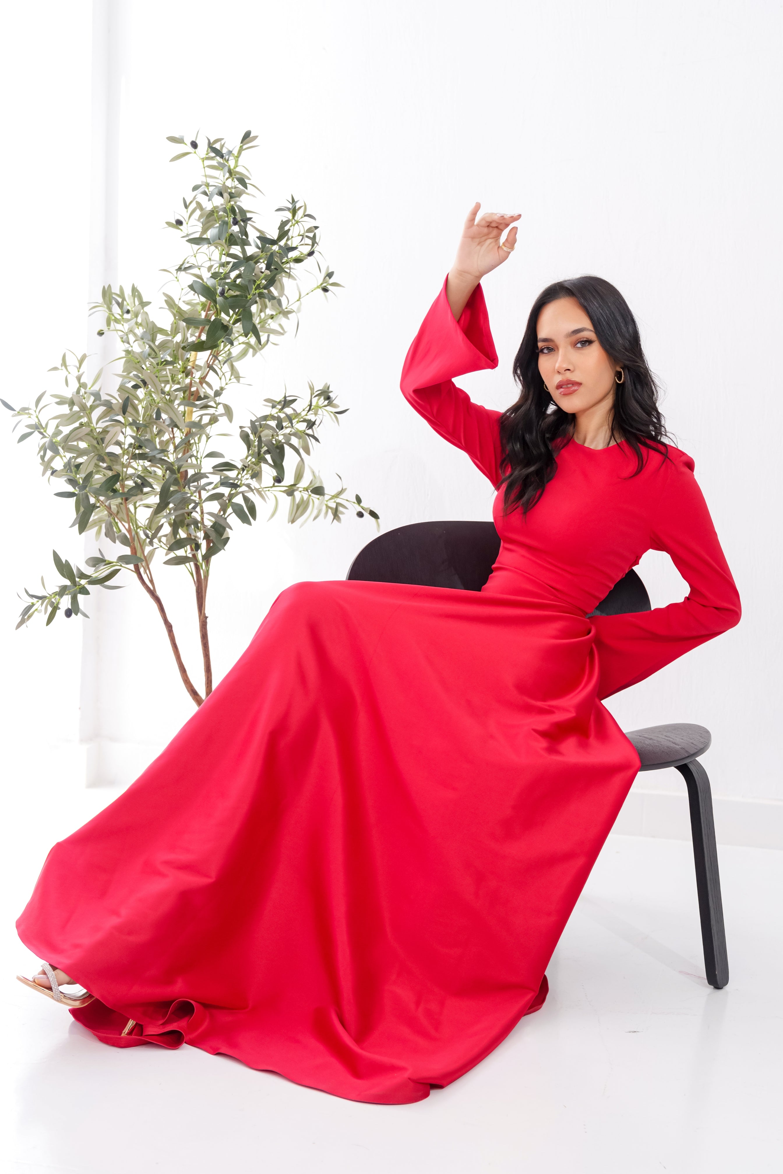 Satin half and half A-Line Dress in Red