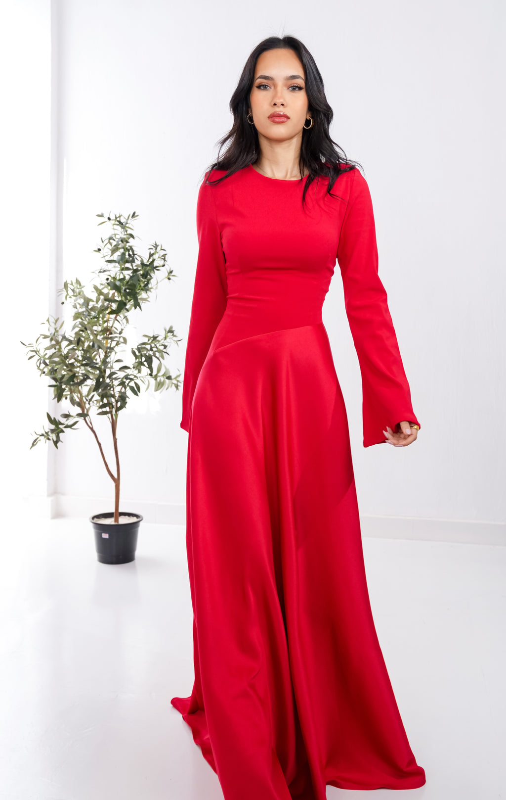 Satin half and half A-Line Dress in Red