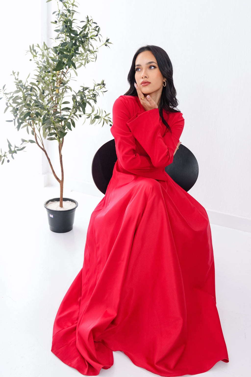 Satin half and half A-Line Dress in Red