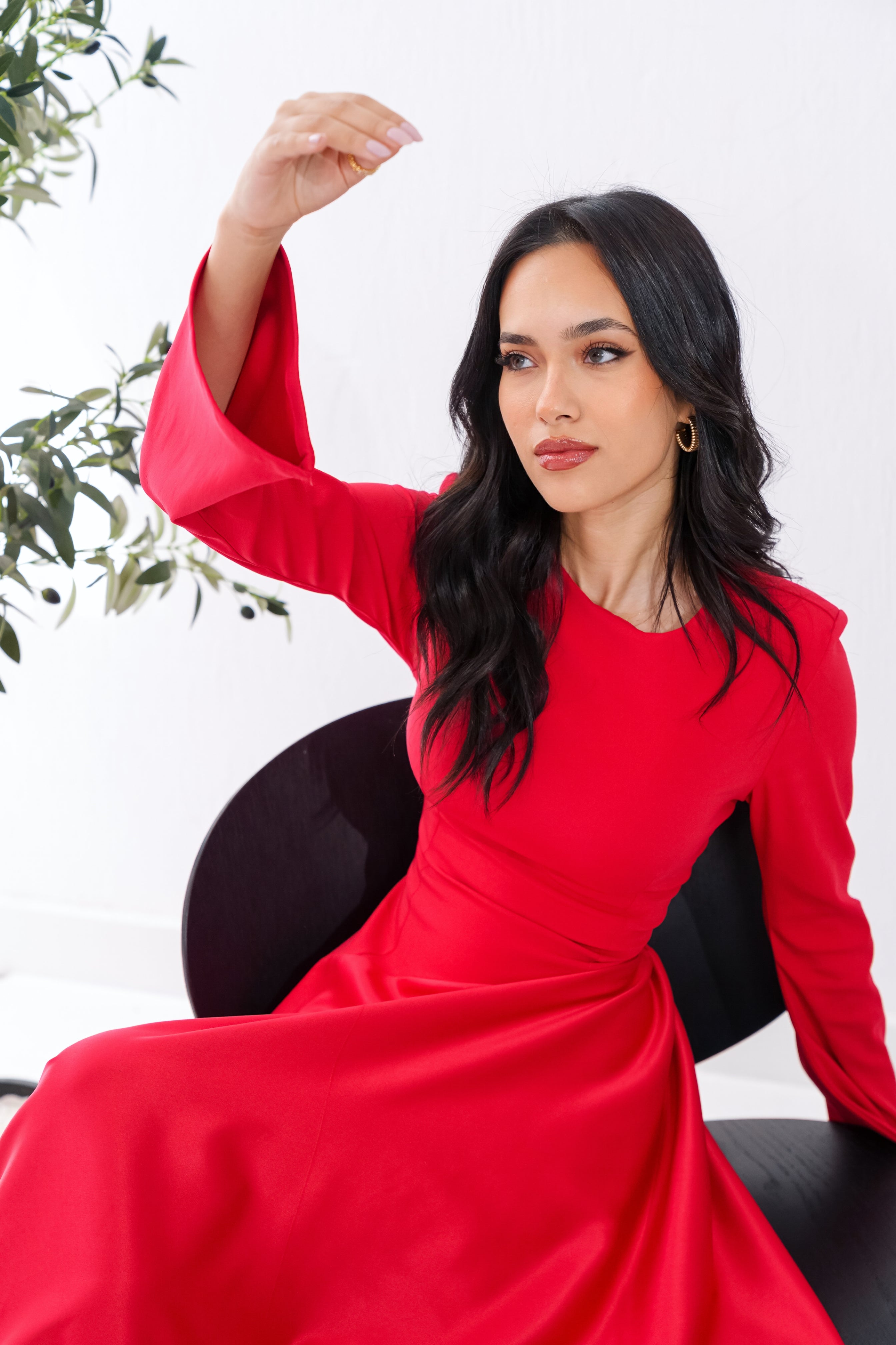 Satin half and half A-Line Dress in Red