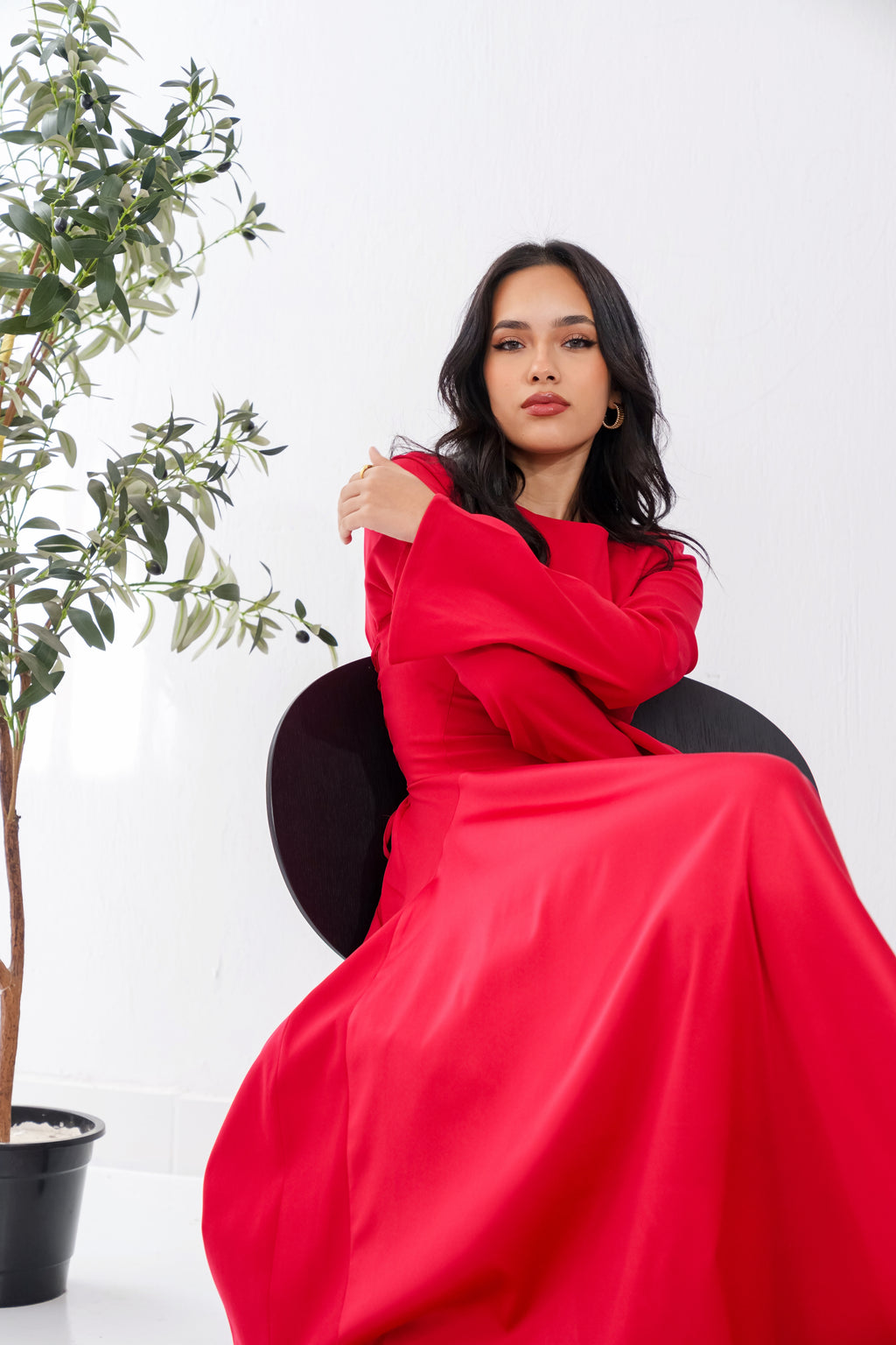 Satin half and half A-Line Dress in Red