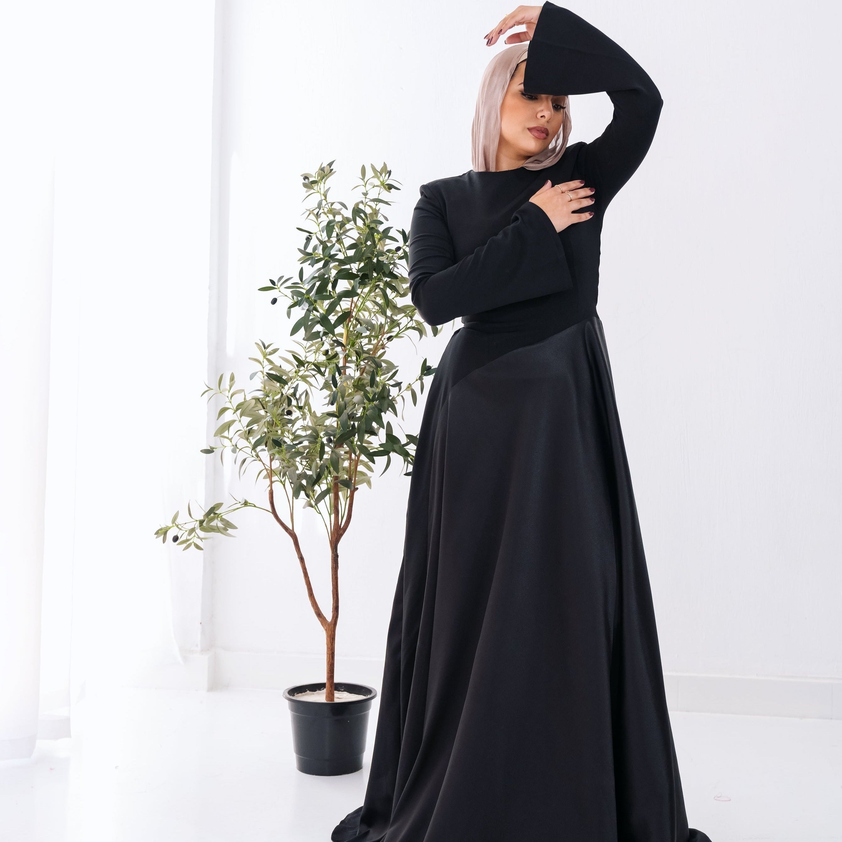 Satin half and half A-Line Dress in Black