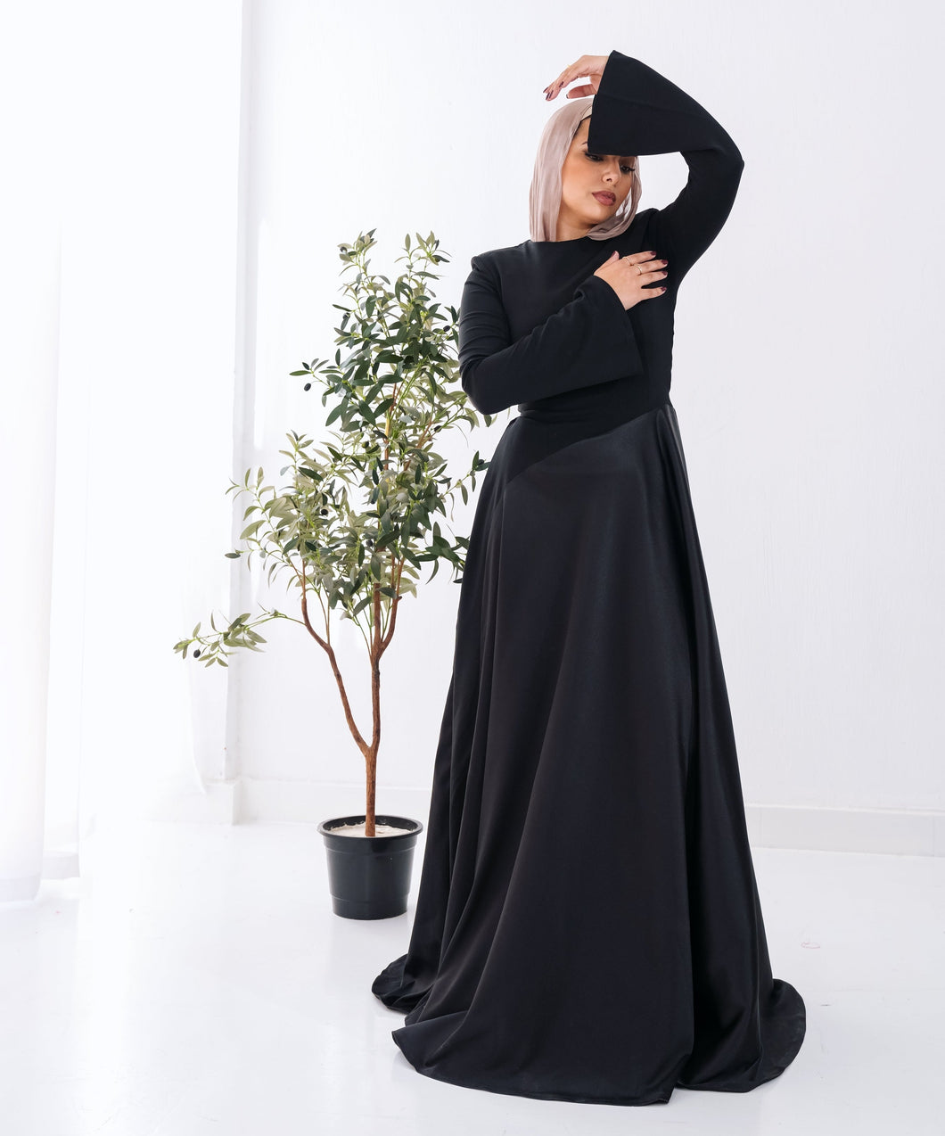 Satin half and half A-Line Dress in Black