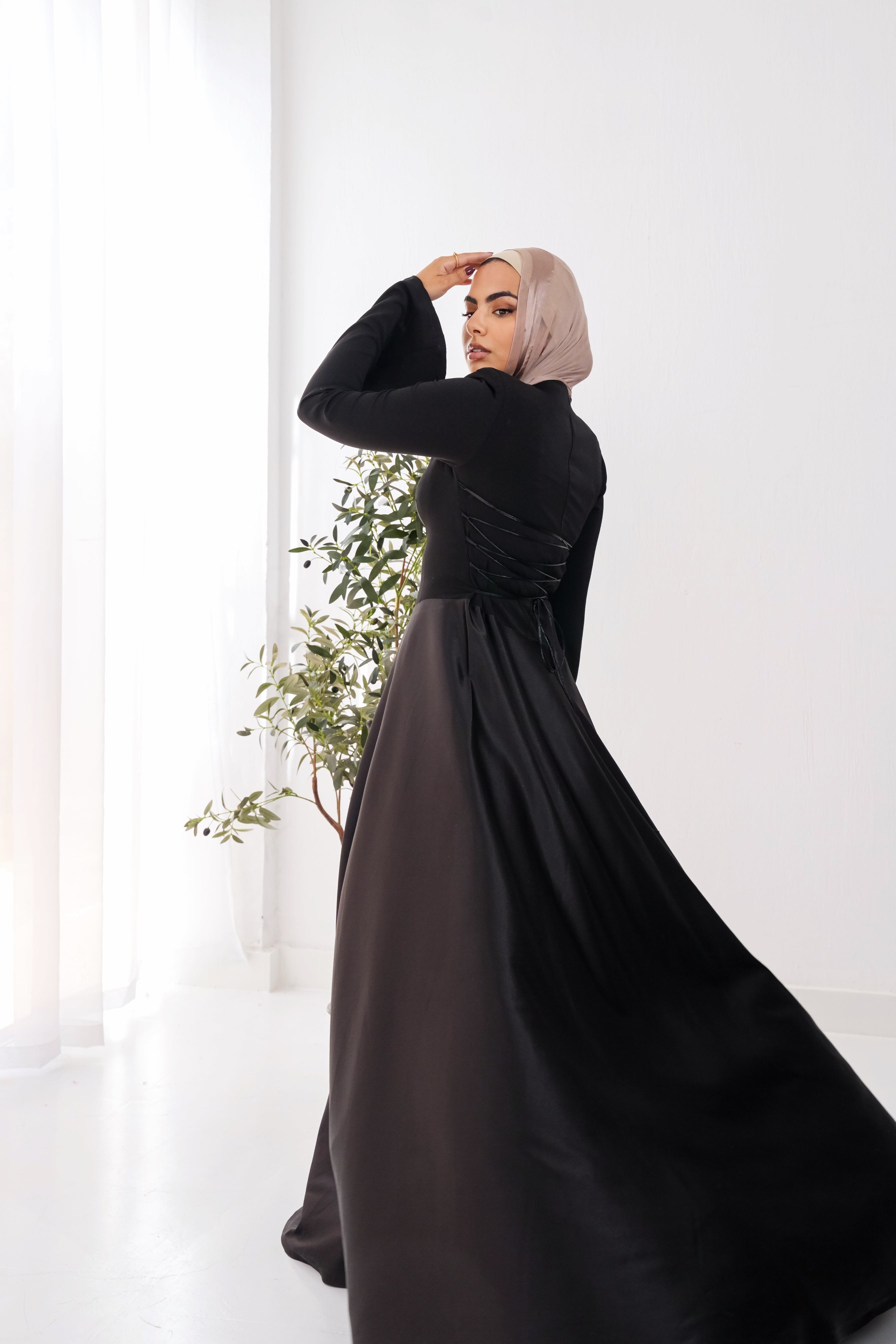 Satin half and half A-Line Dress in Black