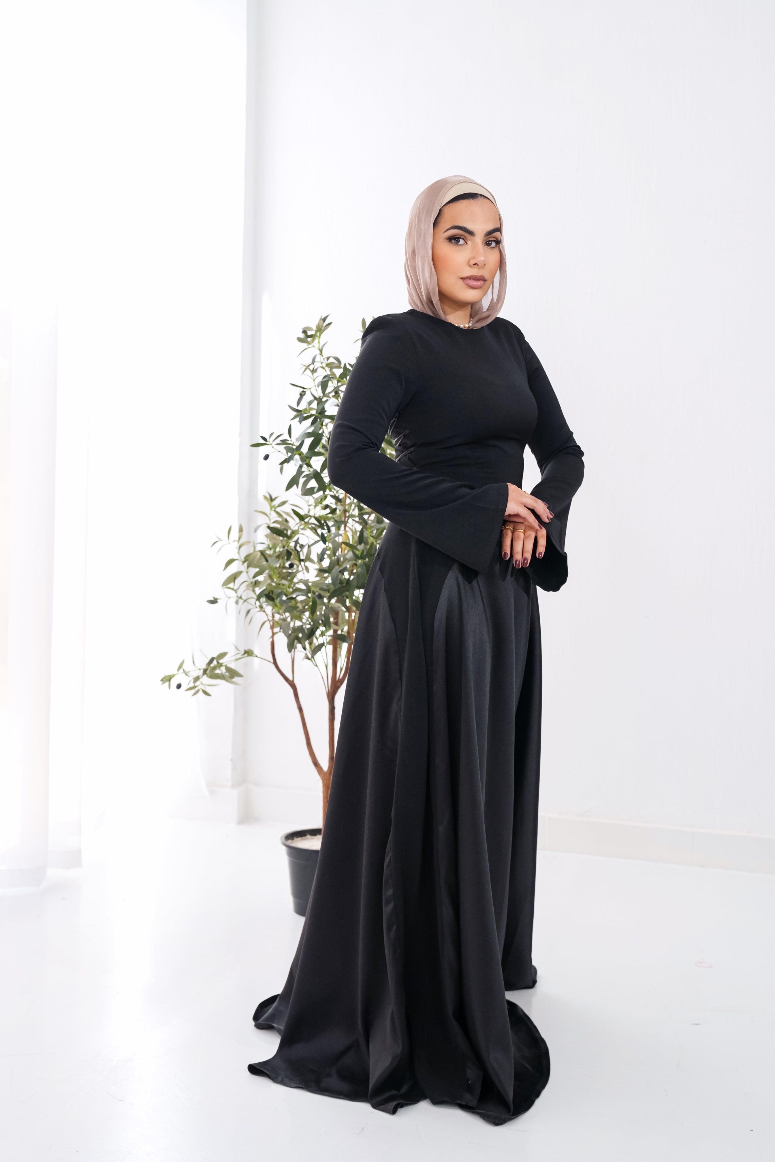 Satin half and half A-Line Dress in Black