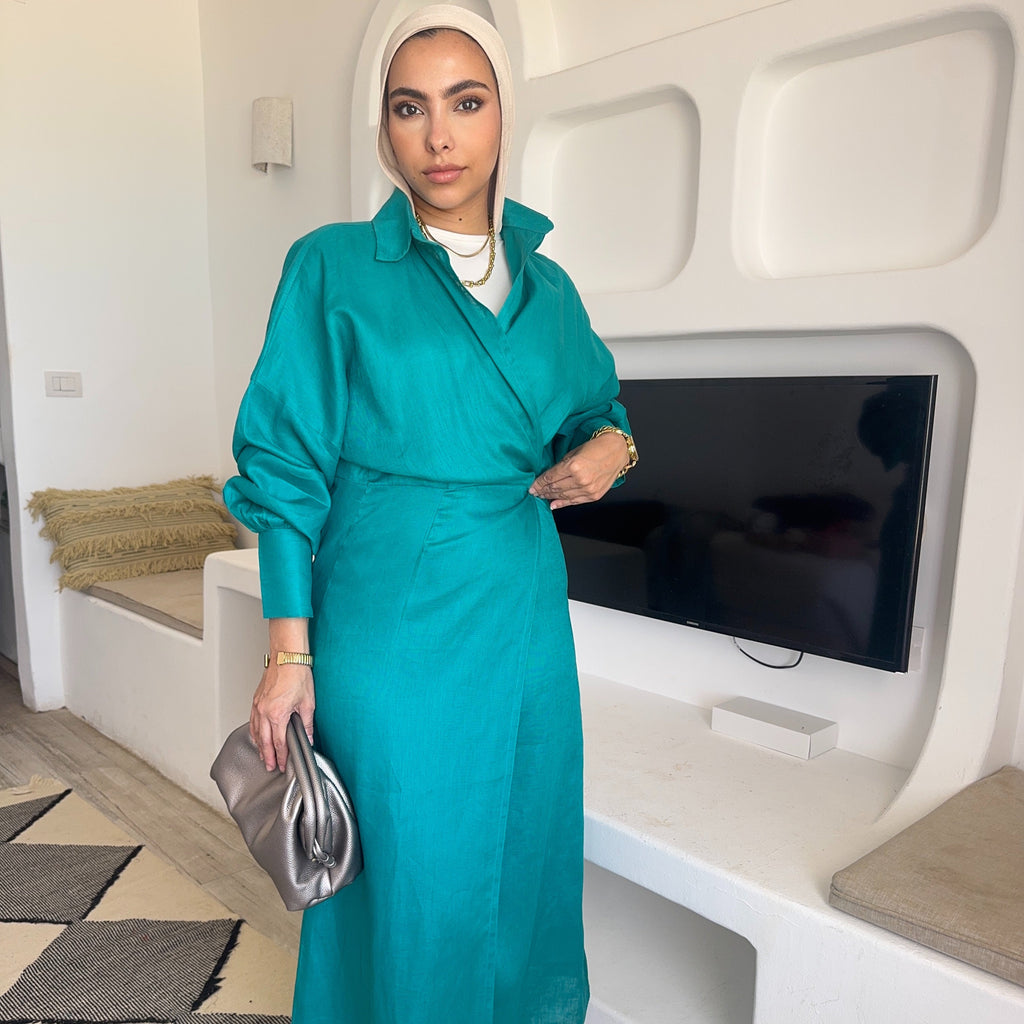 teal Pure linen wrap dress