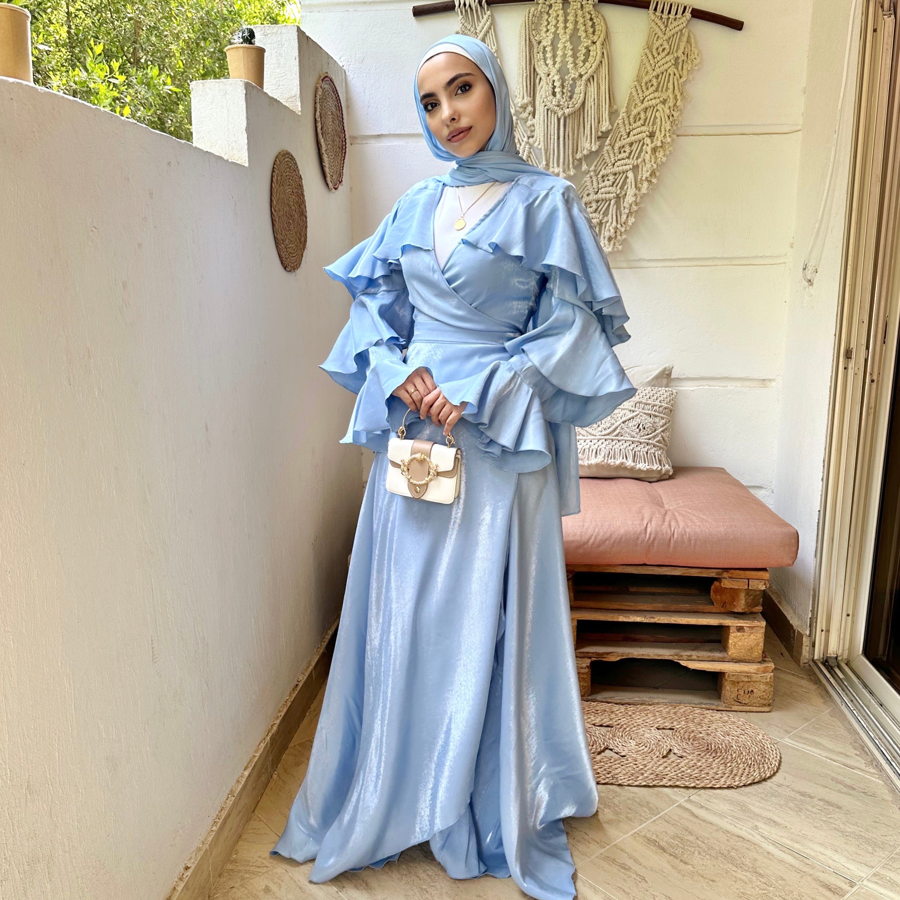 Ruffles wrapped dress in baby blue – Safa ghaly