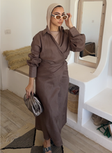 Load image into Gallery viewer, Mocha Pure Linen wrap dress
