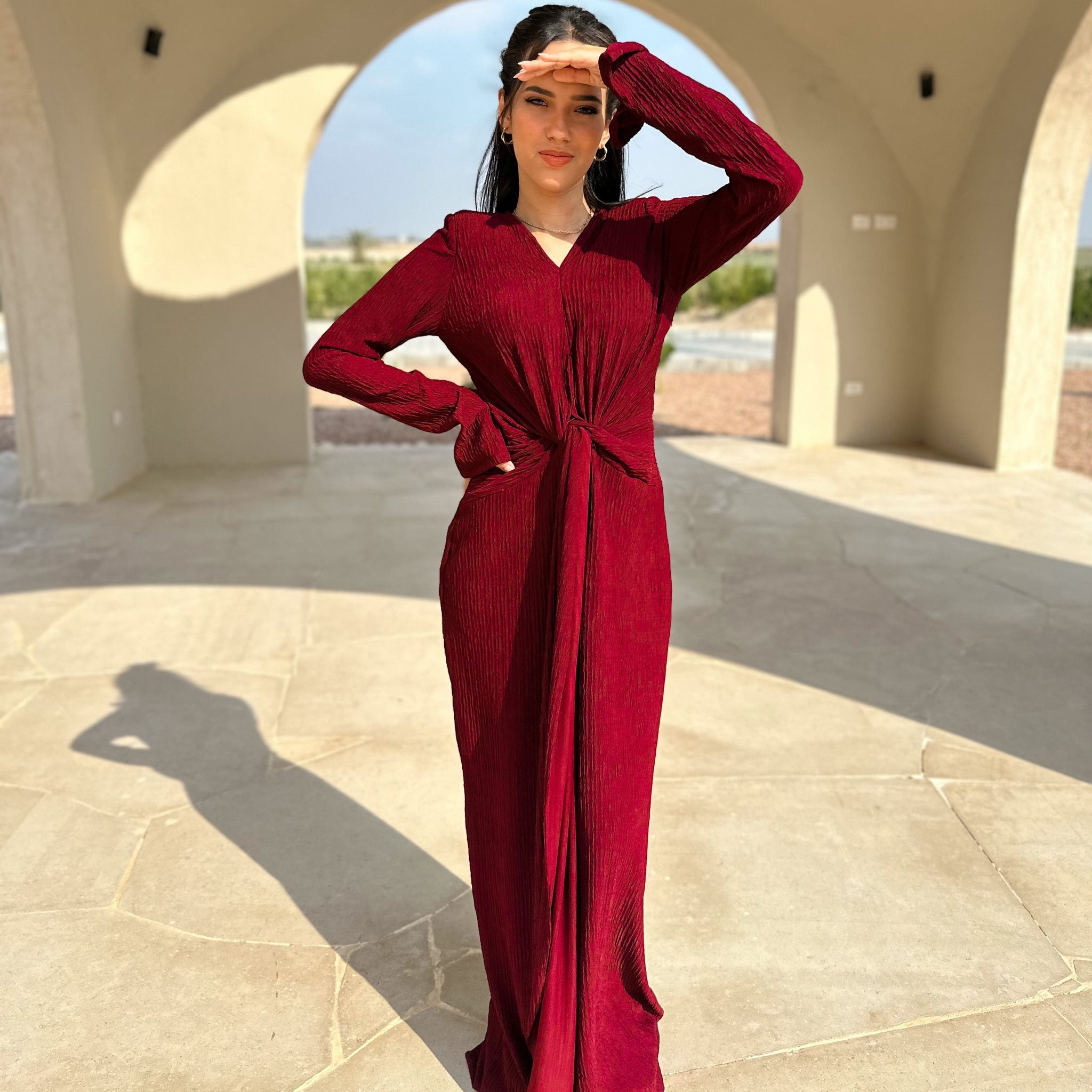 Twisted knot maxi dress in Dark red – Safa ghaly
