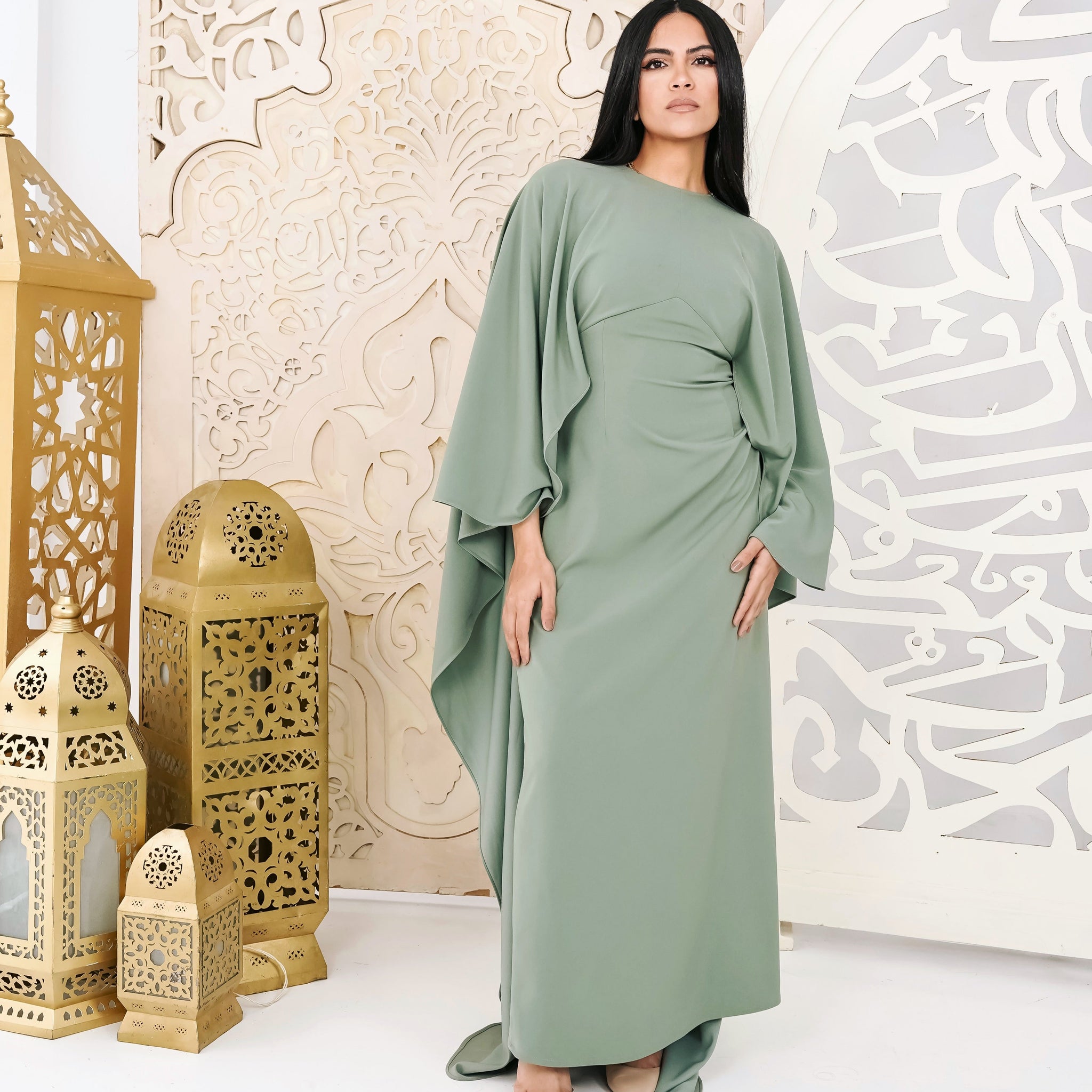 slim fit dress slacks Sage green senerity Kaftan dress