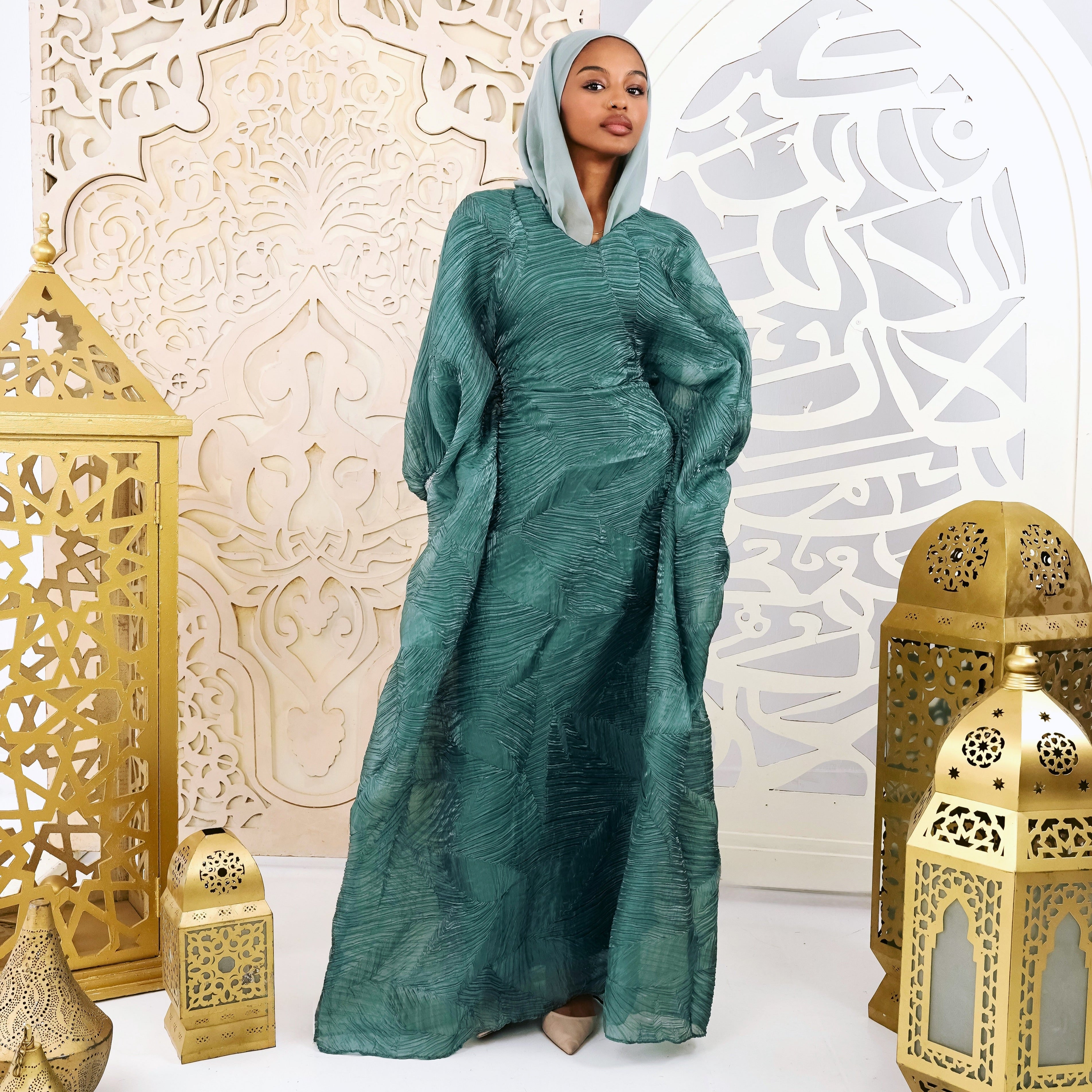 Emerald Organza Plissé Kaftan