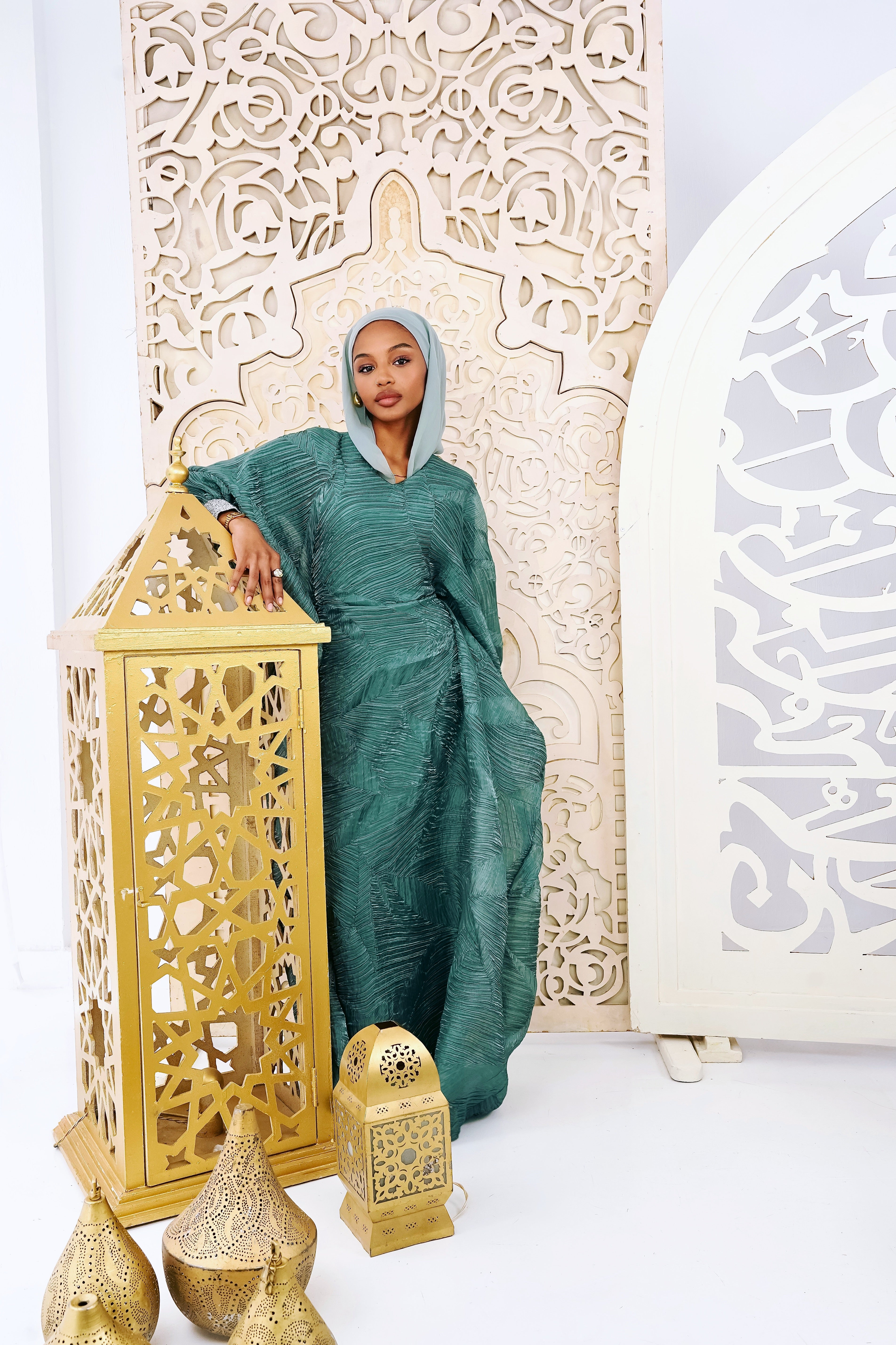 Emerald Organza Plissé Kaftan