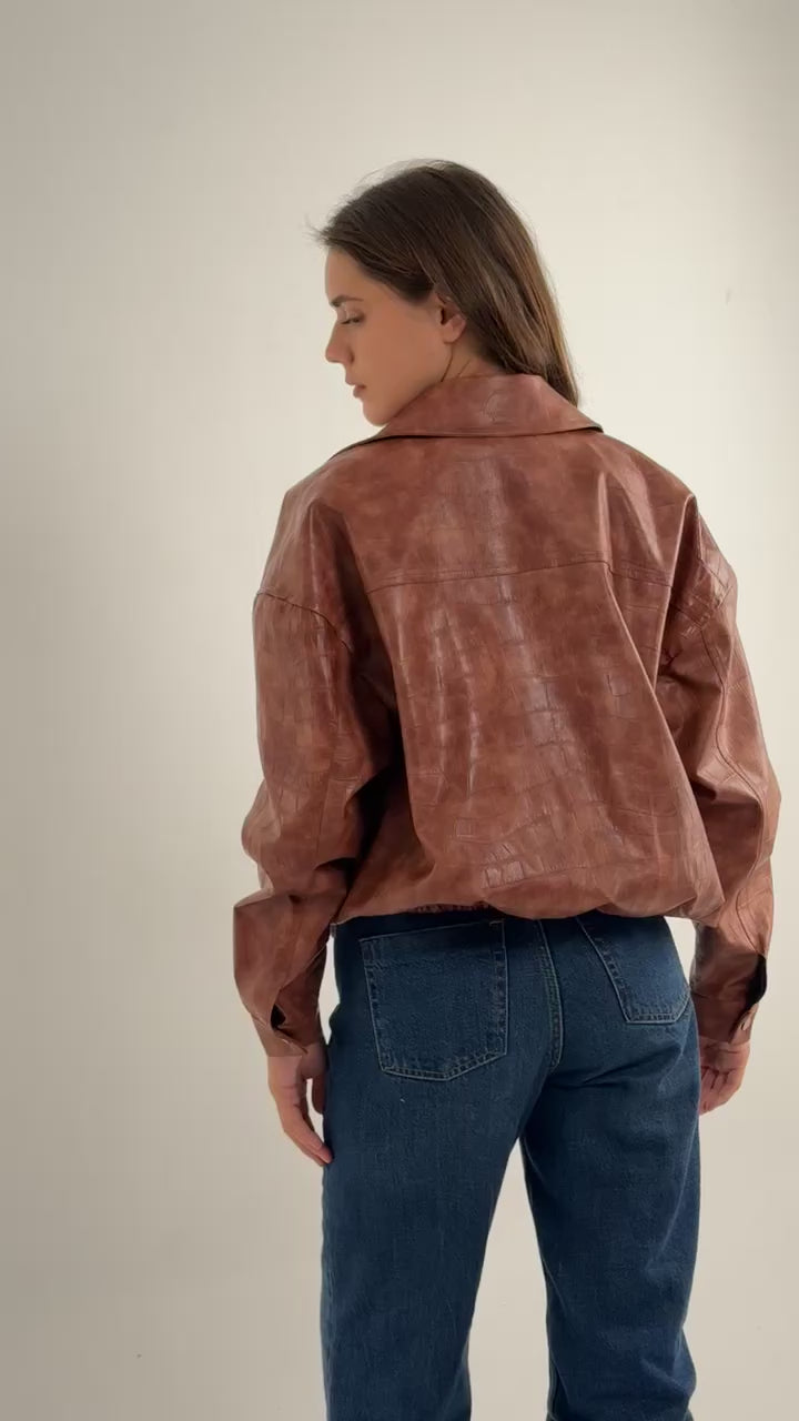 Vintage Croc-Texture Faux Leather Bomber Jacket