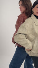 Load and play video in Gallery viewer, Vintage Croc-Texture Faux Leather Bomber Jacket in Beige
