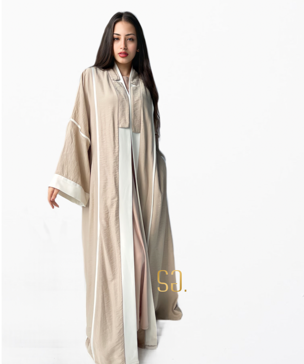 Linen Striped Abaya in Beige