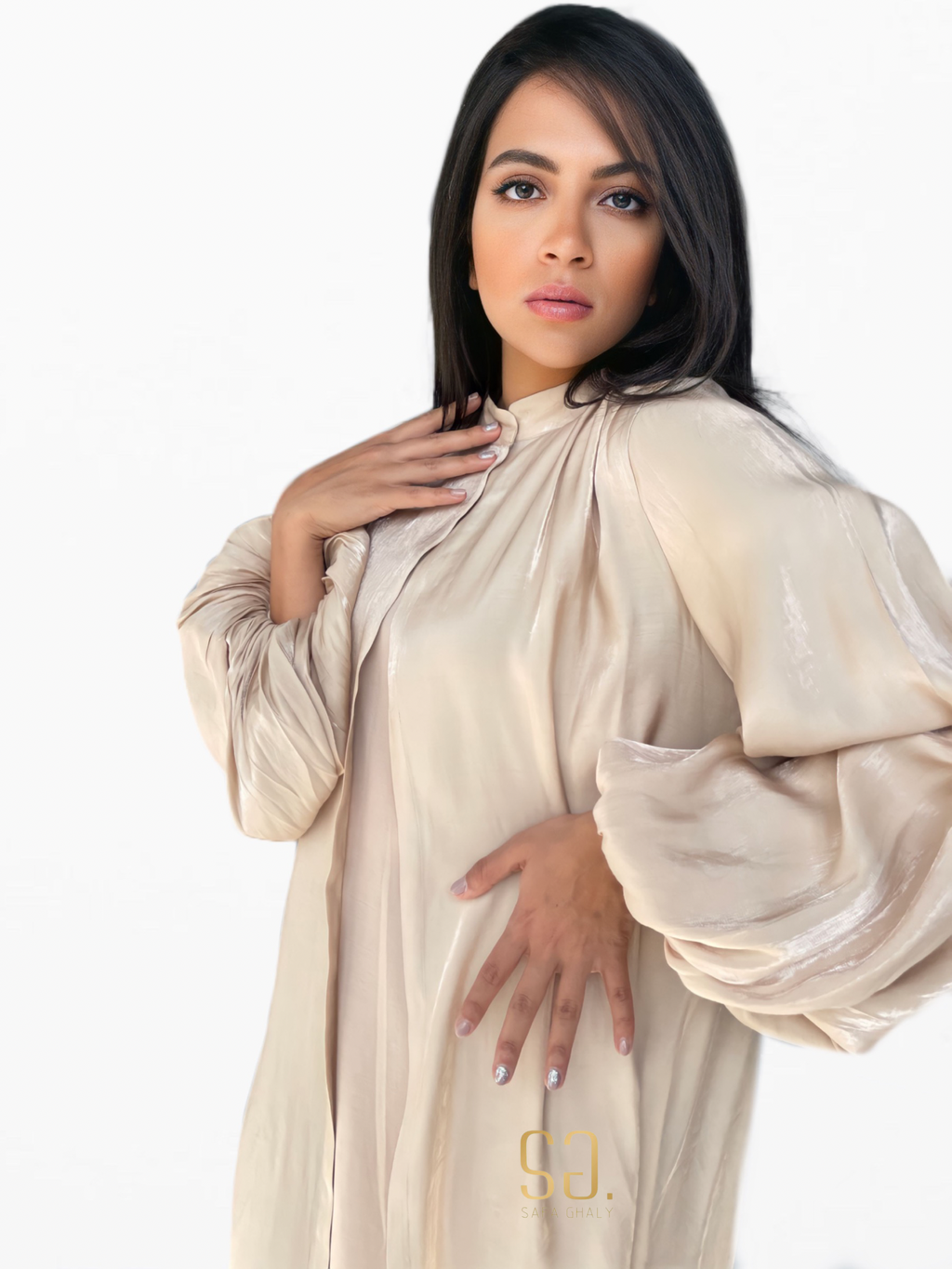 Balloon Sleeves Abaya with basic dress in Beige