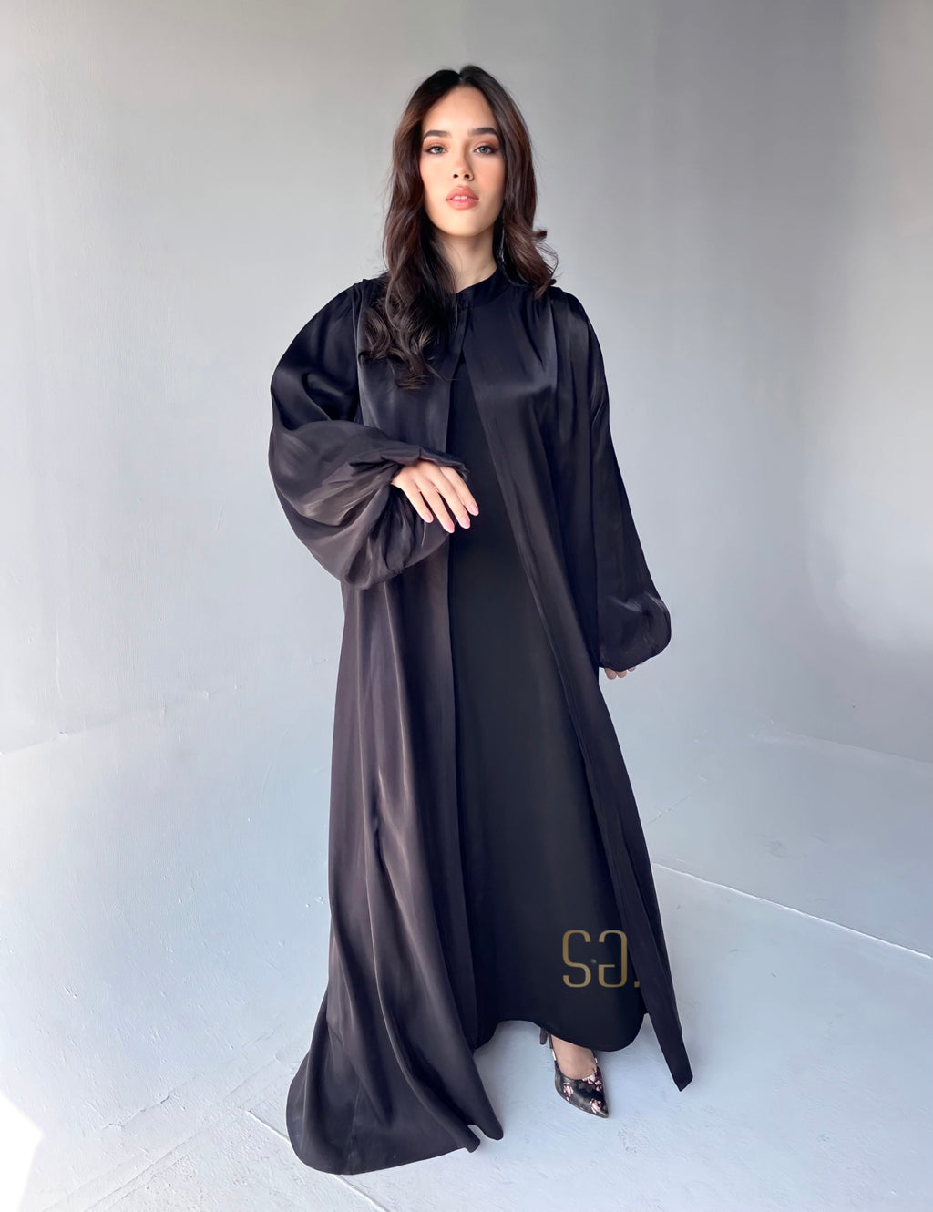 Balloon Sleeves Abaya with basic dress in Black