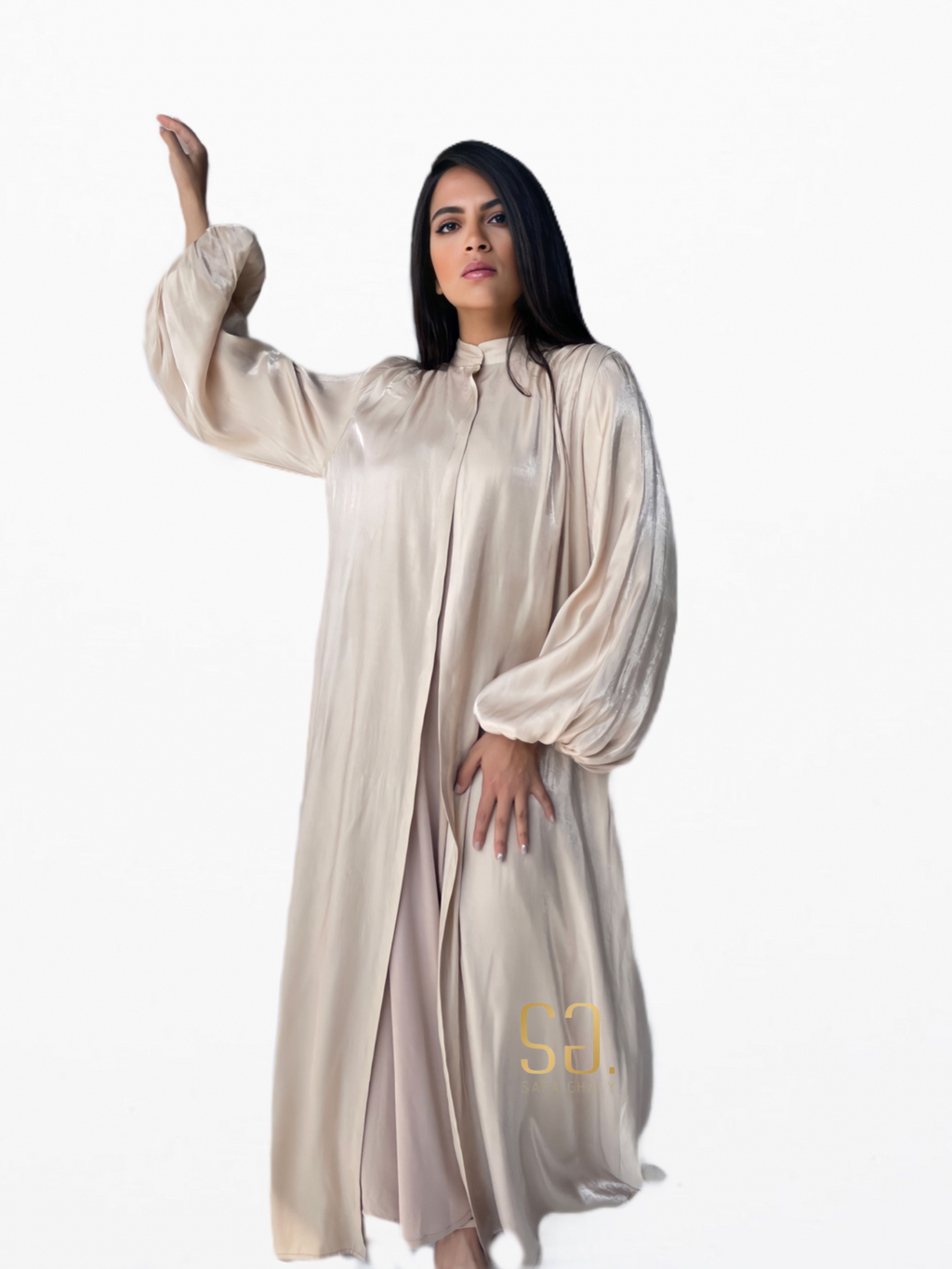 Balloon Sleeves Abaya with basic dress in Beige
