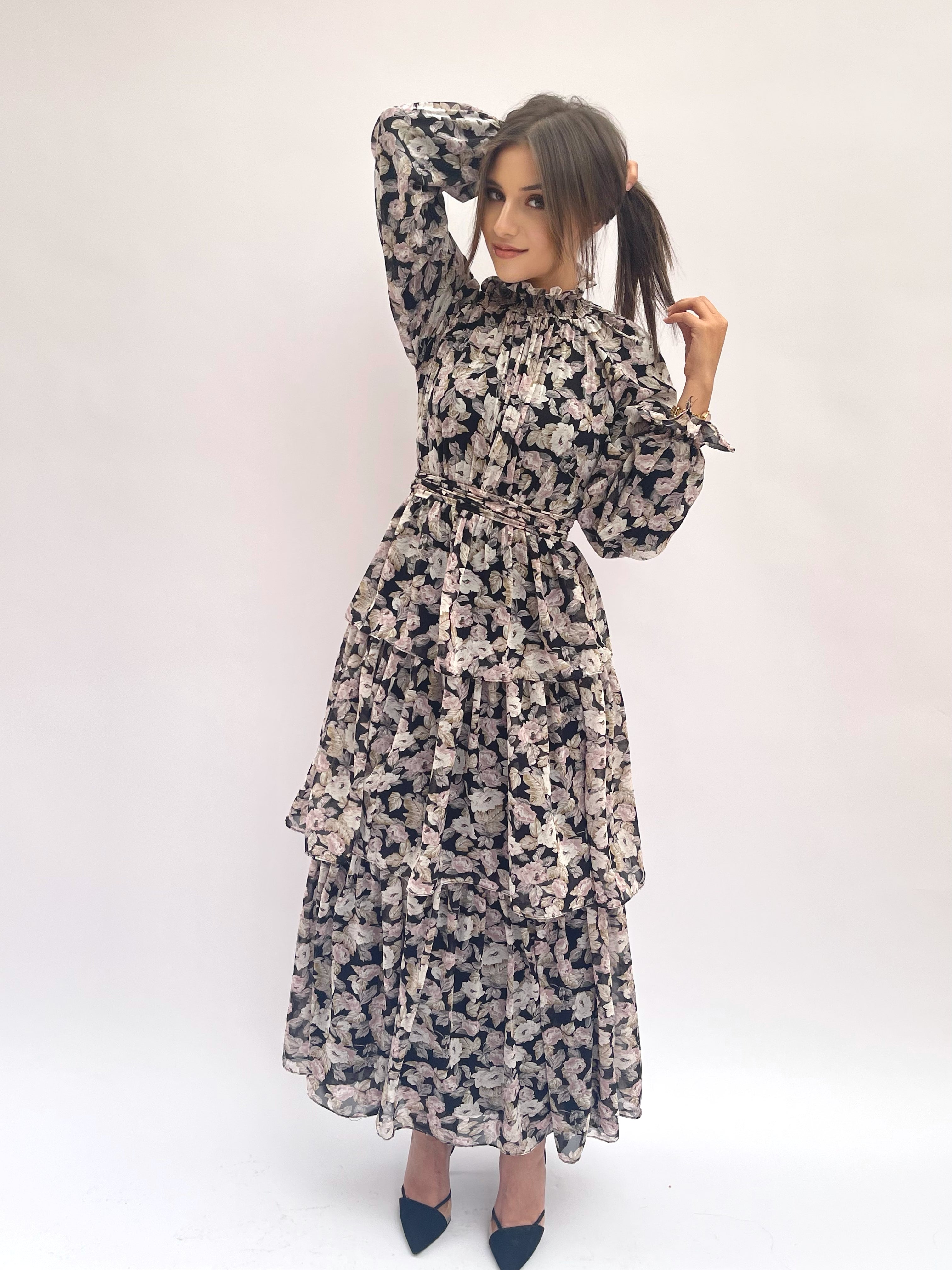 Floral black Chiffion ruffles dress