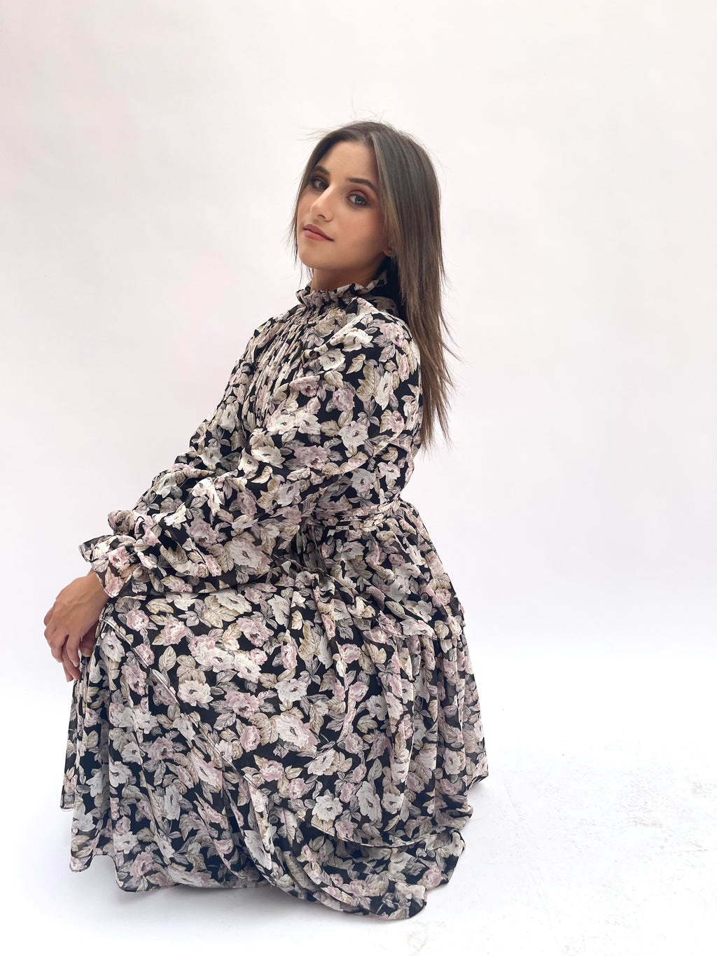 Floral black Chiffion ruffles dress