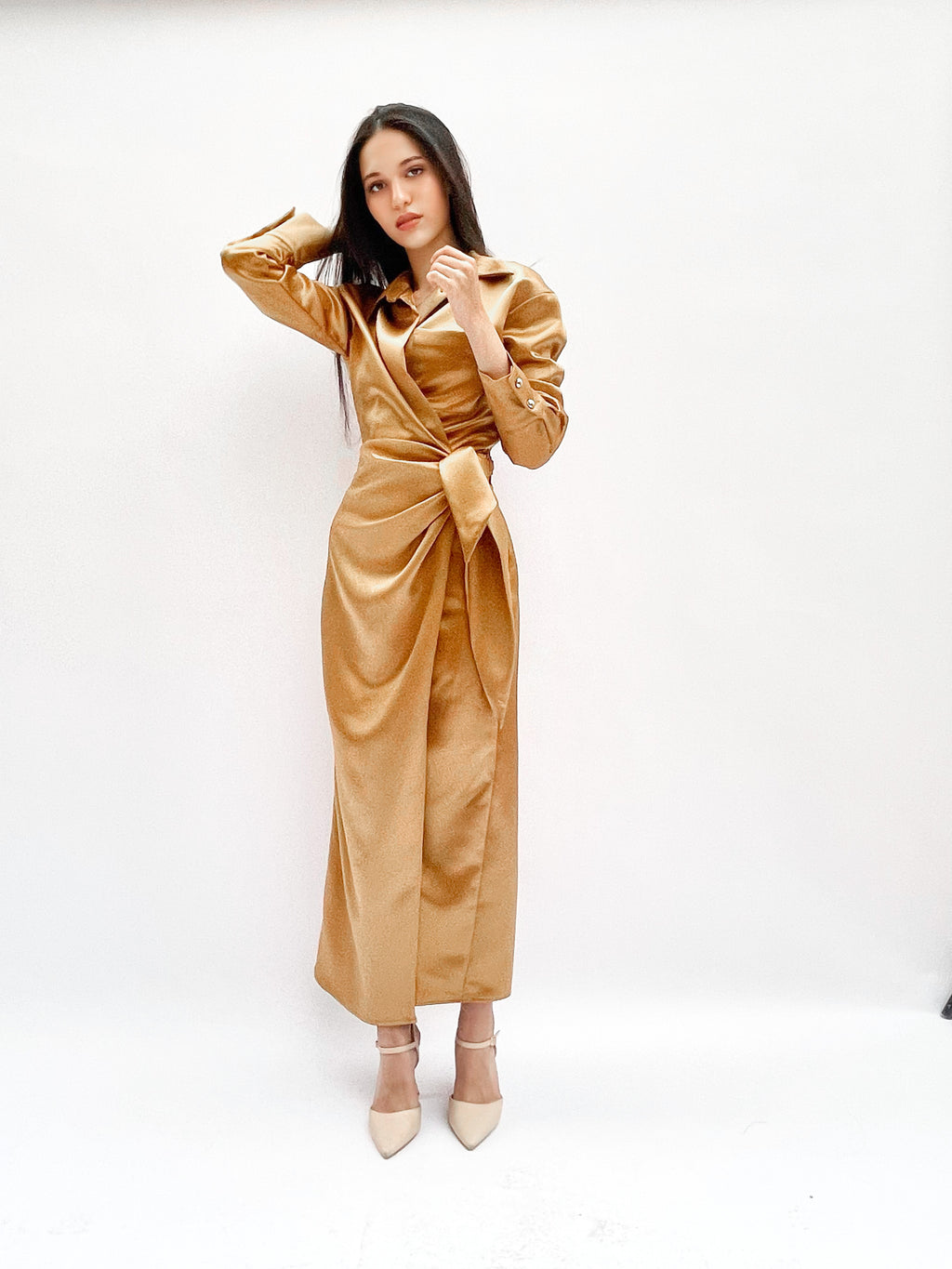 tie side beige satin wrapped dress