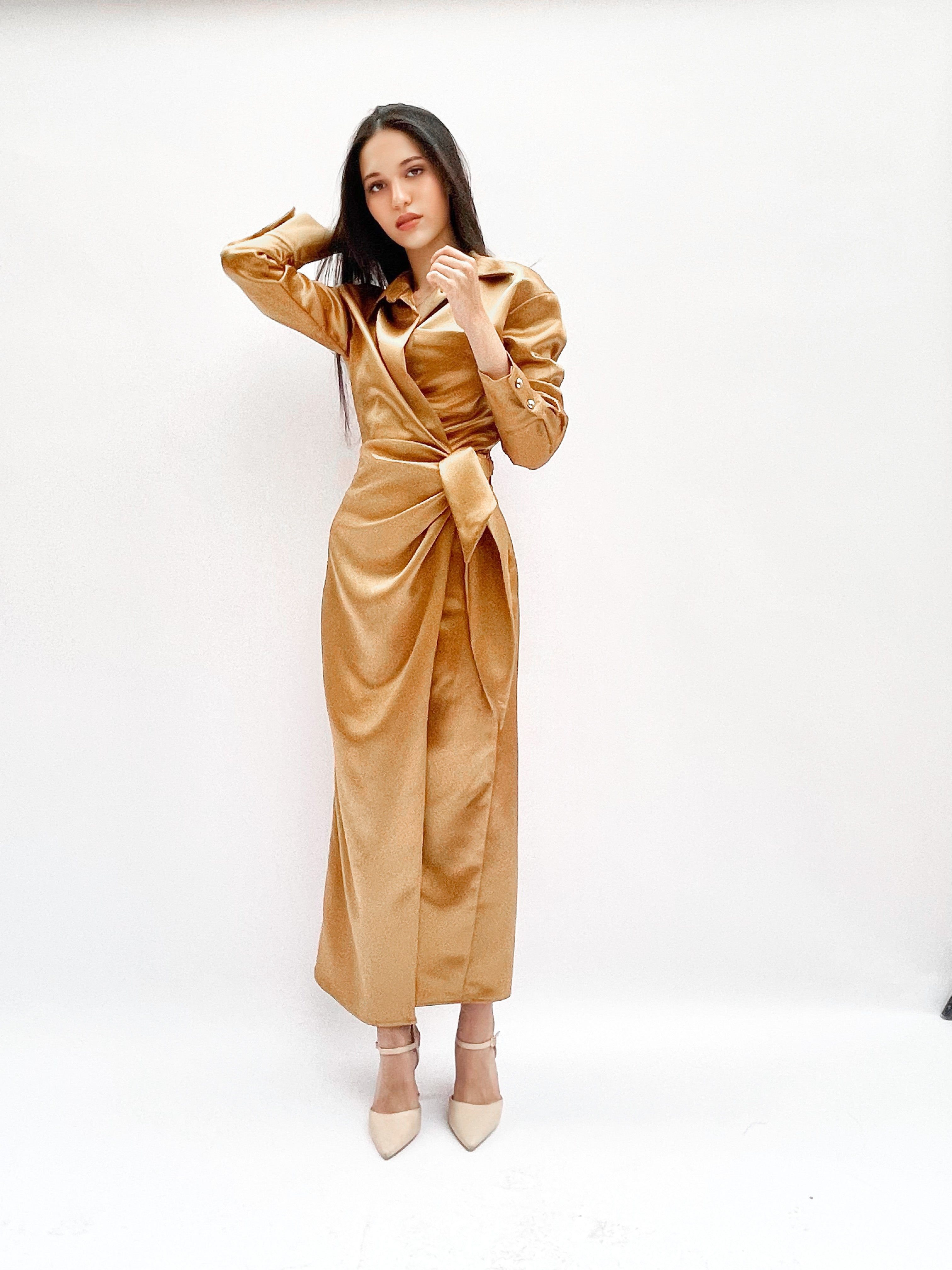 tie side beige satin wrapped dress