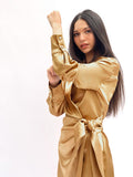tie side beige satin wrapped dress