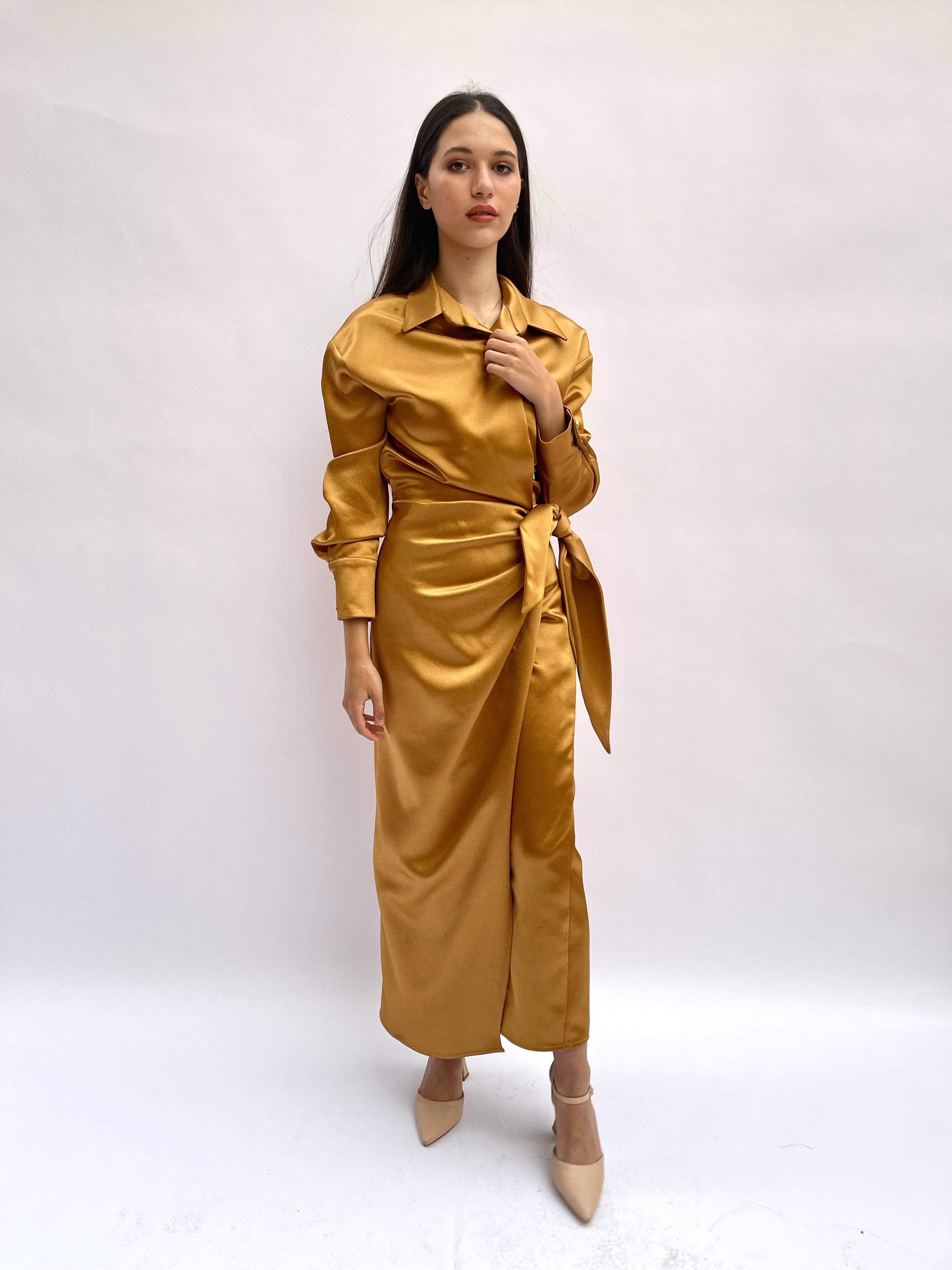 Tie side wrap satin gold dress
