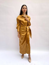 Load image into Gallery viewer, Tie side wrap satin gold dress
