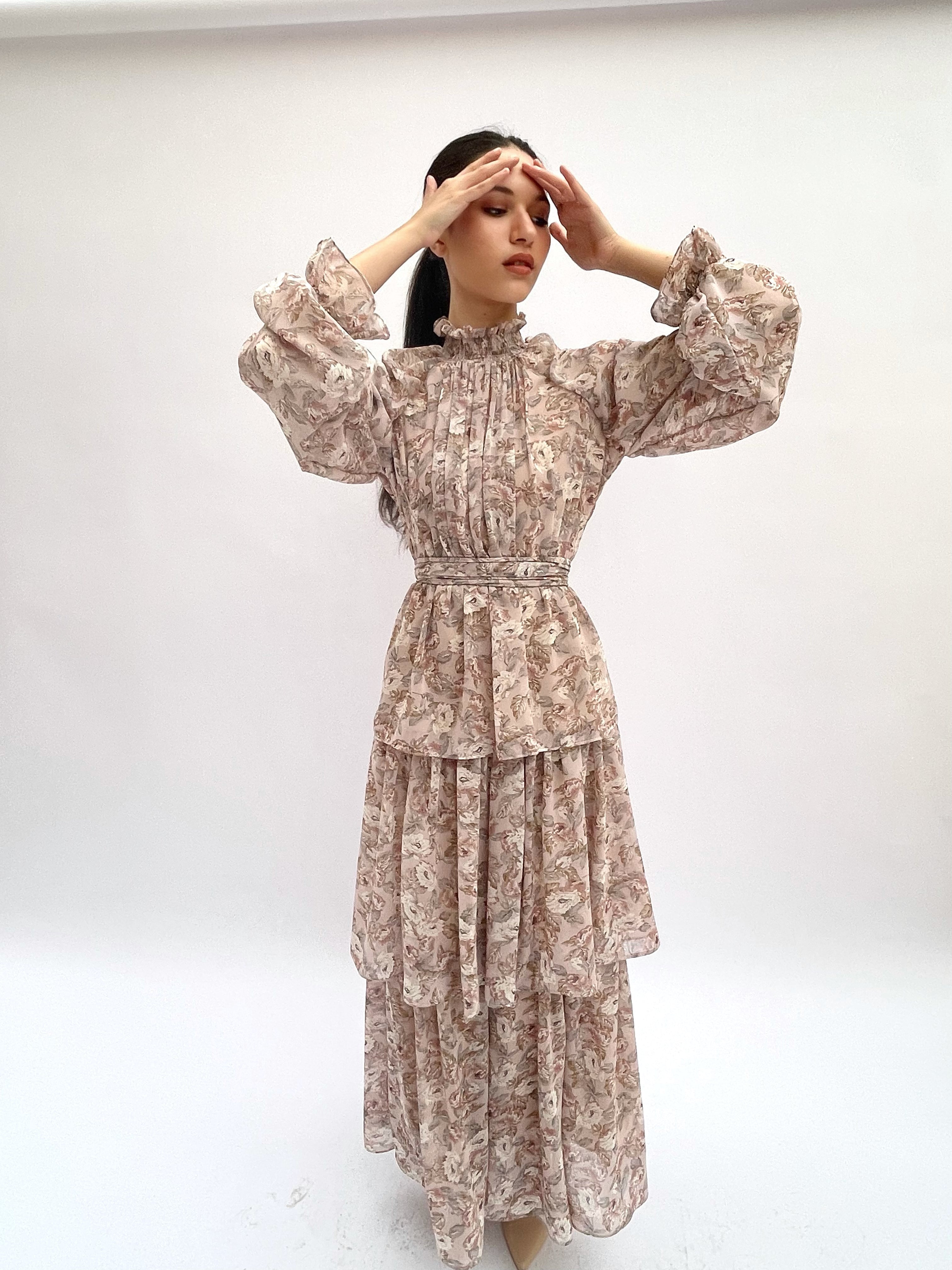 Floral beige ruffles dress